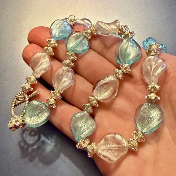 Light Blue White Twisted Artisan Glass Beaded Link Necklace - Picture 4 of 6